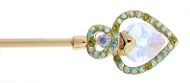 This metal hair stick decorated with Swarovski crystals measures approximately 6.25 inches long. The flower on the top is about 0.8 inches by 1.25 inches. B1