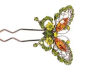 This metal hair stick decorated with Swarovski crystals measures approximately 5.75 inches long. The butterfly on the top is about 2 inches by 1.5 inches. B3