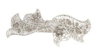 This medium size barrette is decorated with rhinestones and about 3.25 inches wide by 1.5 inches high. The clasp on the back is about 2 inches long. P15