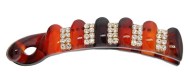 This medium size plastic banana barrette measures about 4.75 inches wide and 1 inch high. It holds hair vertically. P23