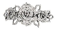This medium size barrette decorated with tons of SWAROVSKI crystals measures about 4.0 inches wide and 1.75 inch high. The clasp on the back is about 2.25 inches long. P3