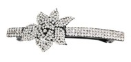 This medium size barrette decorated with tons of SWAROVSKI crystals measures about 4 inches wide and 1.5 inch high. The clasp on the back is about 2.75 inches long. P3