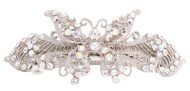 This gorgeous barrette is medium size and decroated with rhinestone. It is designed to hold hair tightly. It is 4 inches wide 1.75 inche high. The clasp on the back is about 2.75 inches long.