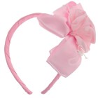 The comfortable headband with a bow on the side is just for girls. One size. The bow is about 4 inches by 3 inches. 