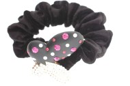This fabulous ponytail holder is made with soft velvet. The butterfly is about 2 by 1.75 inches.