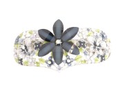 This barrette with SWAROVSKI crystal measures 3.5 inches by 1.75 inches. The clasp on the back is about 2.5 inches long. P11