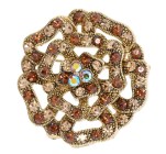 This brooch approximately measures 1.5 inch by 1.5 inch.