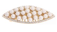 This crystal barrette with pearl beads measures about 2.75 inches wide 1.0 inch high. The clasp on the back is about 1.75 inches long. P2
