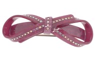 This gorgeous plastic barrette is decroated with crystal and about 4.0 inches wide by 1.5 inches high. The clasp on the back is about 2.5 inches long. P22