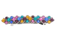 This small size barrette decorated with SWAROVSKI crystals measures about 3.0 inches wide and 0.5 inch high. The clasp on the back is about 1.75 inches long. P5