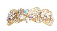 This gorgeous large size barrette is decorated with tons of crystal and about 4 inches wide by 1.4 inches high. On the back, the clasp is about 2.75 inches. P5