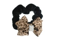 This elastic ponytail holder with a bow is about 2.25 inches by 1.75 inches. T20
