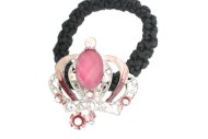 This ponytail holder is made with rhinestones and about 2.0 inches by 2.25 inches. T3 
