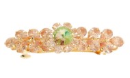 This medium size barrette with SWAROVSKI crystals measures about 2.5 inches wide and 0.75 inches high. The clasp on the back is about 1.5 inches long. P16