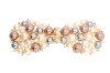 This gorgeous medium size barrette is decorated with rhinestones and pearl beads about 3.75 inches wide by 1.5 inches high. The clasp on the back is about 2.25 inches long. P2