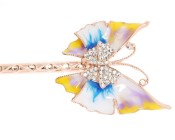This metal hair stick decorated with Swarovski crystals measures approximately 5.75 inches long. The flower on the top is about 1.75 inches by 1.5 inches. B9