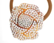 This ponytail holder is made with SWAROVSKI CRYSTAL and about 2.0 inches by 2.0 inches. T21