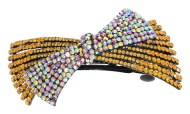 This gorgeous medium size barrette is decorated with tons of rhinestones and about 3.5 inches wide by 2 inches high. The clasp on the back is about 2.25 inches long. 